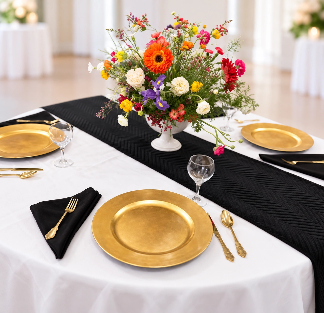White reception table with a black runner, gold chargers and flatware, and a colorful floral centerpiece in a white pedestal vase