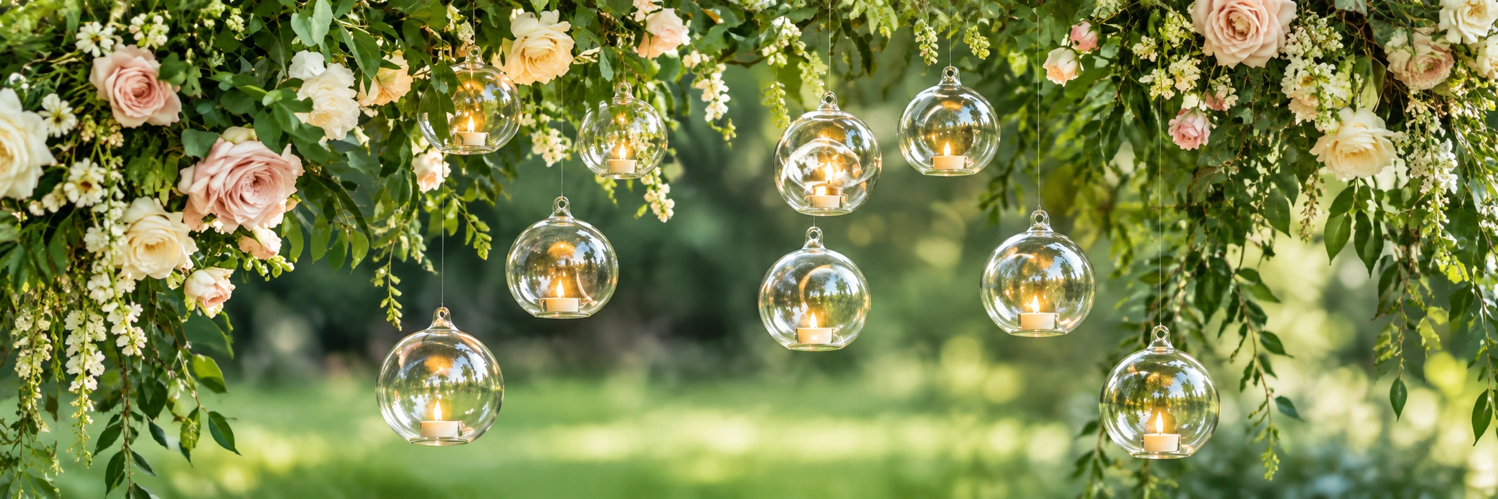 Ivory and blush flowers with greenery and hanging glass candle globes in a garden