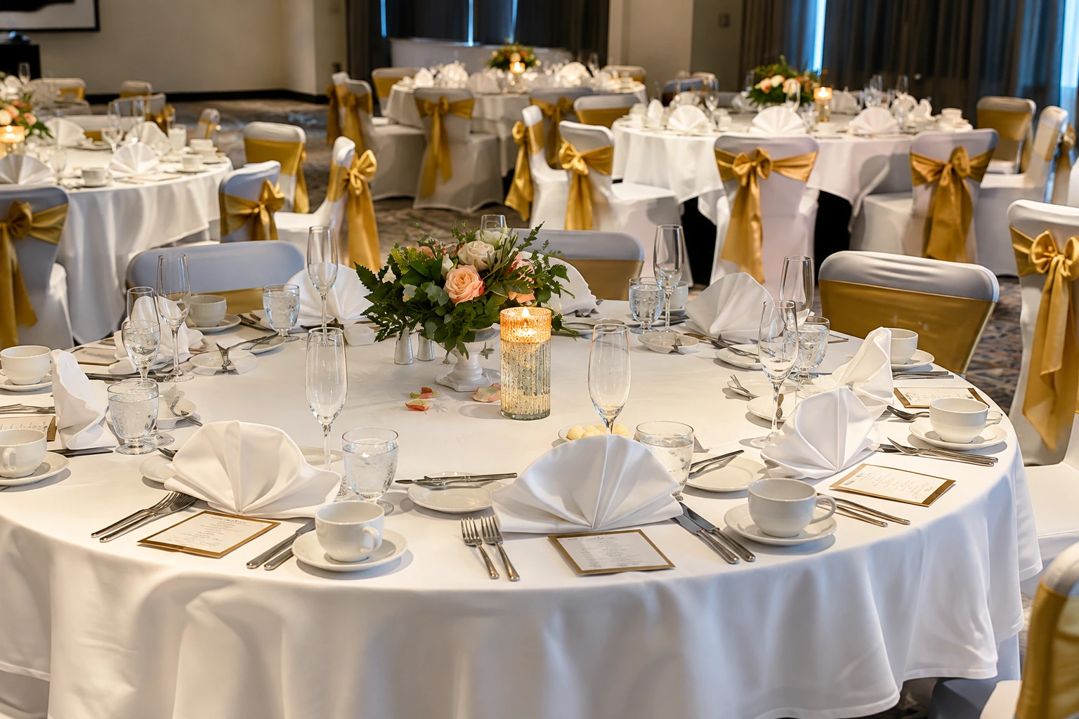 White and gold wedding reception with candlelight, blush florals and elegantly set round tables