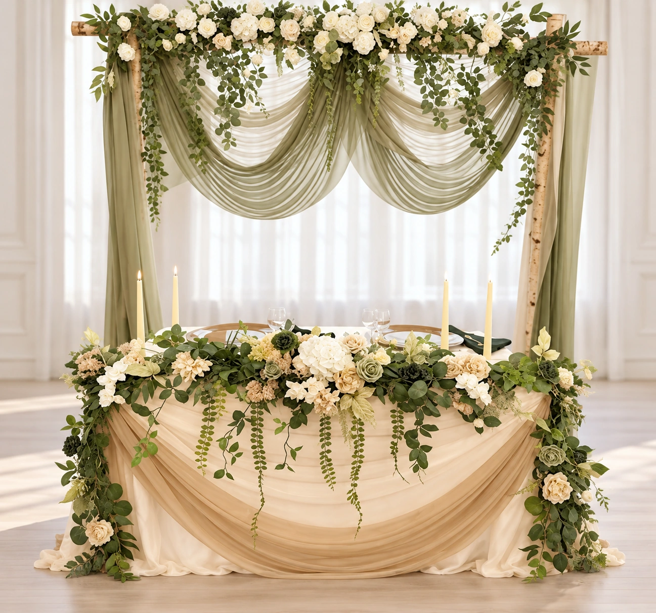 Sweetheart table with ivory flowers and champagne draping beneath a sage and ivory floral backdrop