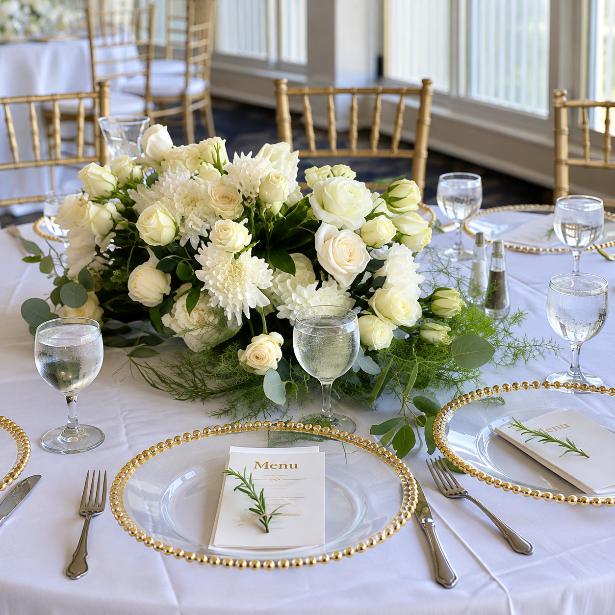 White wedding flowers with gold charger plates and clear glassware